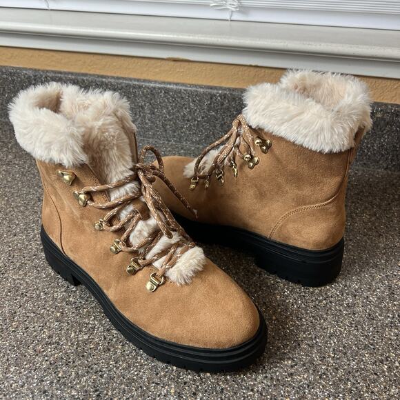 J.CREW Womens Sz 8.5 Faux Fur Lining Winter Hiking Boot Chestnut Brown Synthetic - Picture 1 of 9